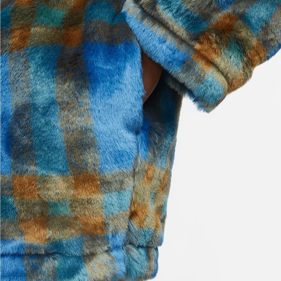 Nike Faux Fur Plaid Jacket Blue Green oversized Sportswear streetwear - Picture 8 of 11